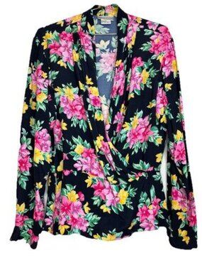 Vintage Evan Picone Size 12 Woman's Floral Wrap Snap Peplum Long Sleeve Blouse